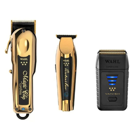 Wahl Gold Cordless Magic Clip Clipper, Gold Cordless Detailer Trimmer & Vanish Shaver SET