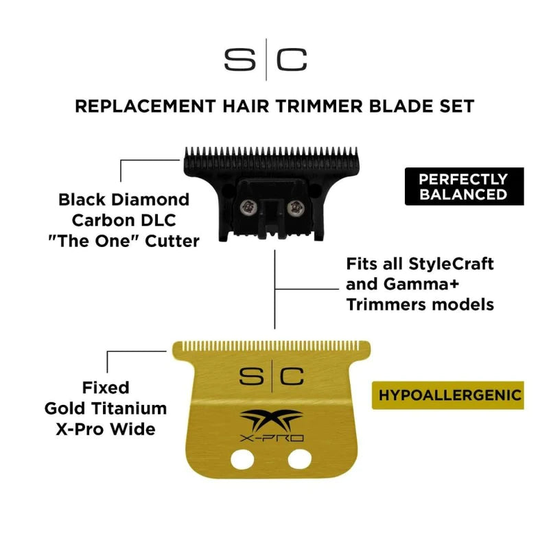 StyleCraft Fixed Gold Titanium X-Pro Wide Replacement Trimmer Blade w/ Black Diamond DLC The One Cutter Set (SC527GB)
