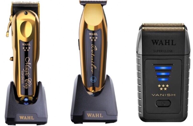 WAHL Pro Gold Magic Clip Cordless Clipper, Gold Cordless Detailer, Black Vanish Shaver + WAHL Power Station SET
