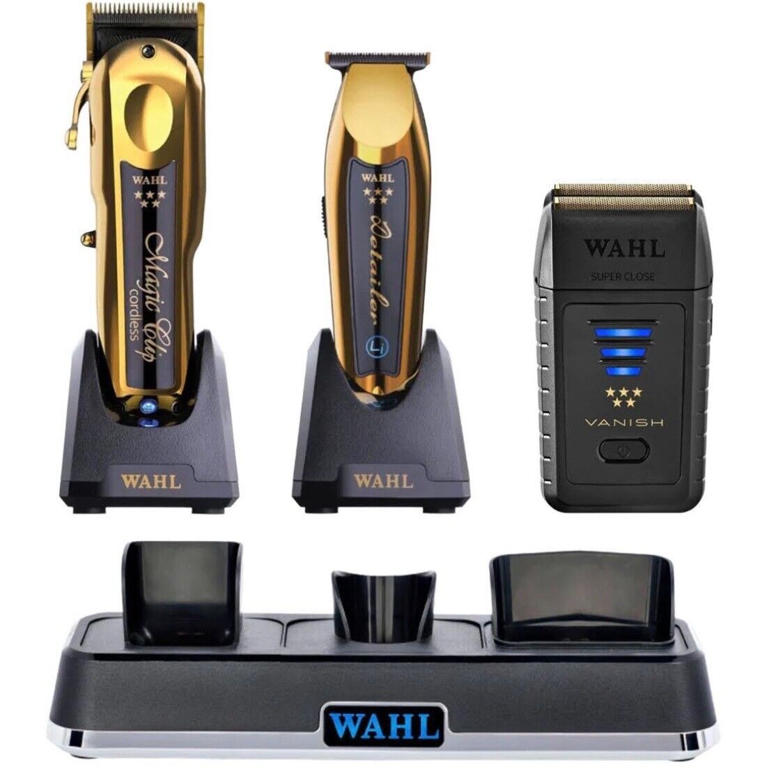 WAHL Pro Gold Magic Clip Cordless Clipper, Gold Cordless Detailer, Black Vanish Shaver + WAHL Power Station SET