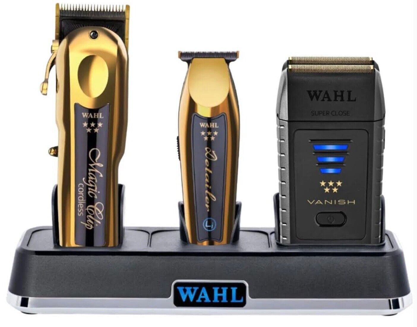 WAHL Pro Gold Magic Clip Cordless Clipper, Gold Cordless Detailer, Black Vanish Shaver + WAHL Power Station SET